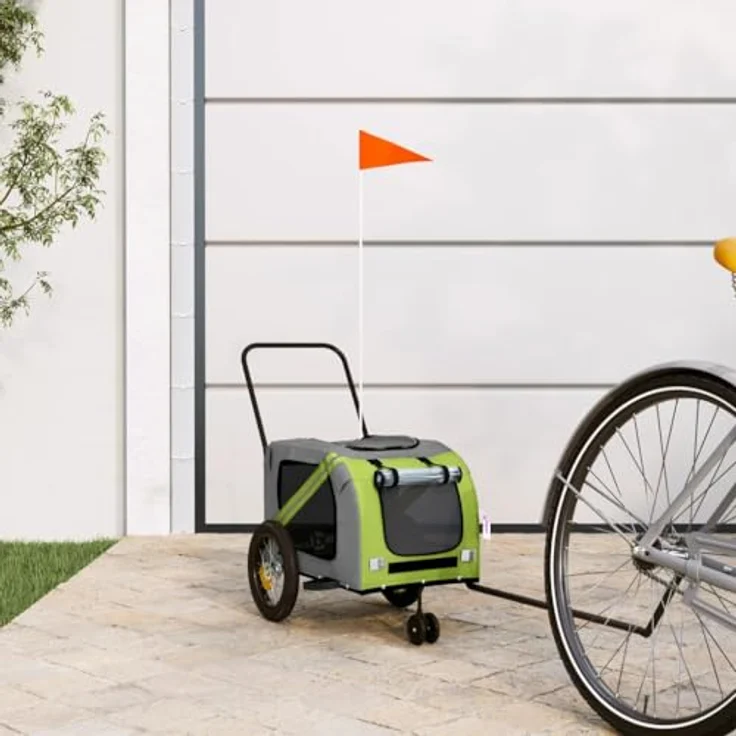 vidaXL Fahrradhundeanhänger Fahrradanhänger Hunde Grün und Schwarz Oxford-Gewebe & Eisen, mit belastbarer Platte und reflektierenden Elementen – Bild 2
