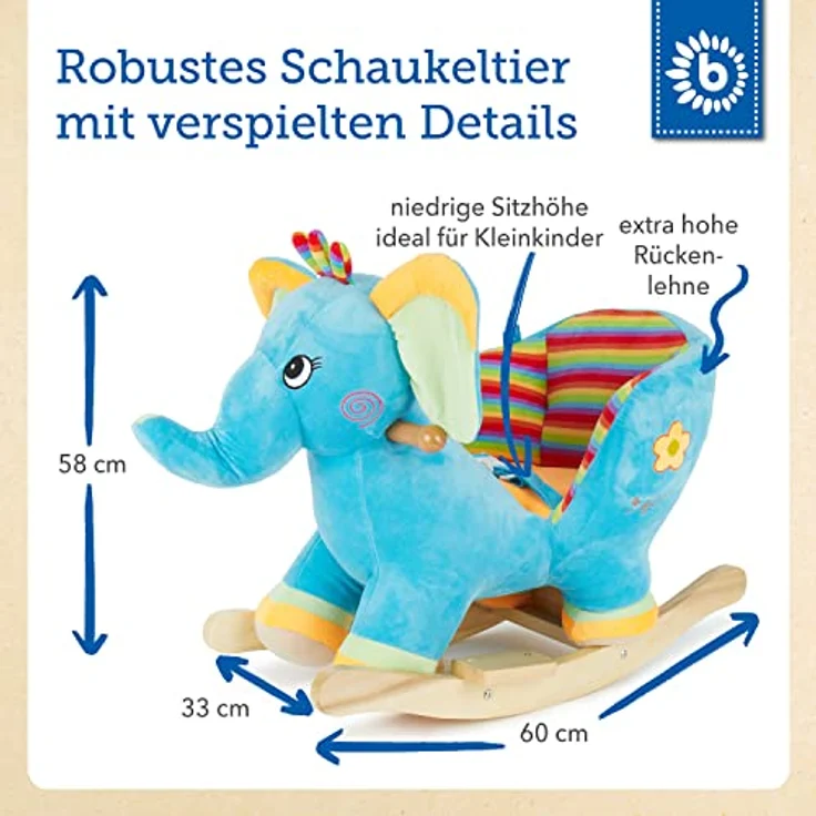 Bieco Plüsch Schaukeltier Elefant | Kinder Schaukelstuhl mit Sicherheitsgurt | Baby Schaukel | Schaukel Kleinkind | Schaukeltier Baby Zimmer | Baby Schaukelwippe ab 9 Monate | Schaukelpferd Holz – Bild 5