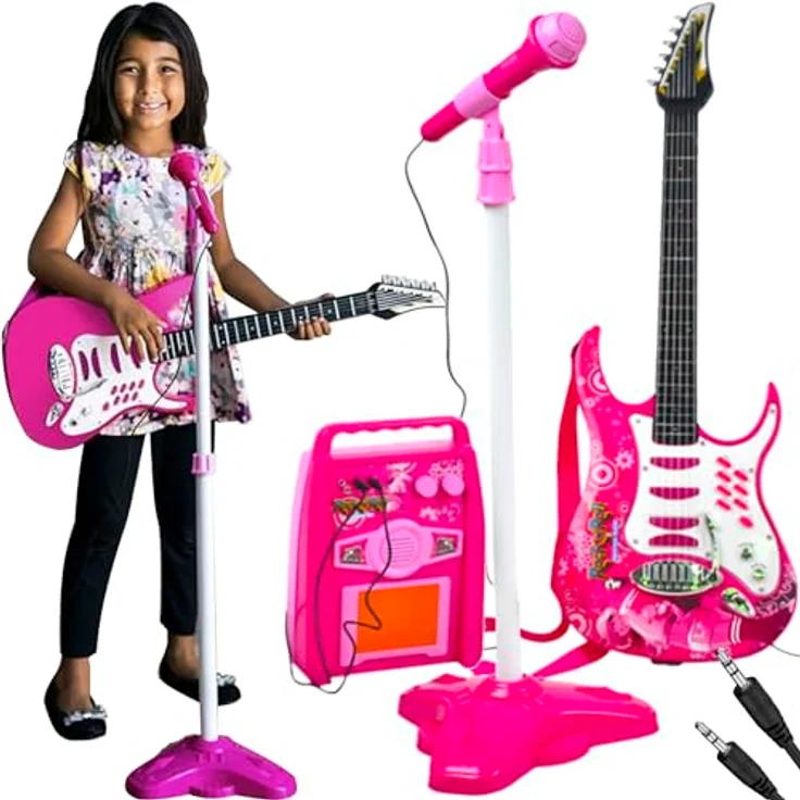 ISO TRADE Spielzeug-Musikinstrument Rosa E-Gitarre mit Mikrofonständer und Verstärker, MP3-Eingang, blinkende Lichter und Lautstärkeregelung, Spar-Set 1-tlg. – Bild 1