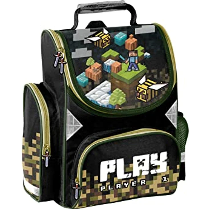 Goldkids Schulranzen Set Jungen 1. klasse 7-teilig Ranzen Tornister Schulrucksack Federmappe Turnbeutel Turnsack Brotdose Trinkflasche Sporttasche Regenschutz Game Pixel Motiv mäppchen, blau – Bild 2