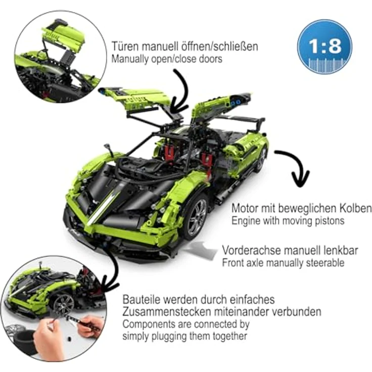 JAMARA 402826 Pagani Huayra BC 1:8 Bricks, Modellbau DIY Bausatz Rennwagen Auto, 2892 Teile, ab 14 Jahre, manuell lenkbar, Türen manuell bewegbar, Grün – Bild 4