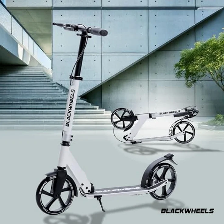 BLACKWHEELS ORIO City Scooter Bigwheel 200mm Klappbar Weiß, Tretroller Kickscooter bis 100kg, Doppelte Bremse, Tragegurt – Bild 3
