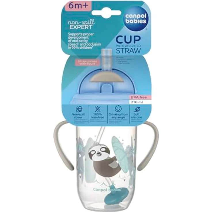 Canpol babies 56/606 Auslaufsicherer Becher mit beschwertem Strohhalm, 270 ml, 6+m, exotische Tiere, Grau – Bild 3