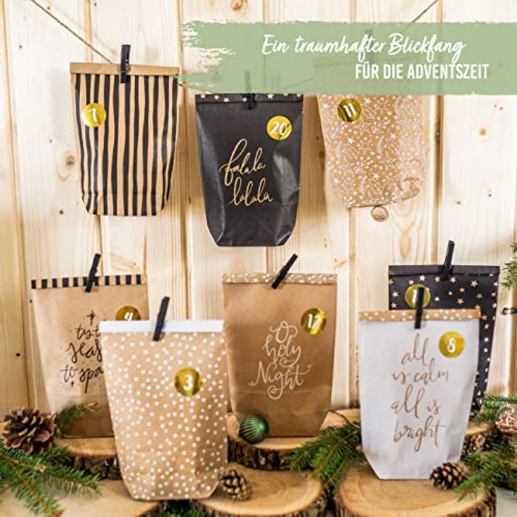 OEM Weihnachtskalender, Adventskalender-Set mit 24 braunen Kraftpapiertüten (14x22cm) und Zahlenaufklebern – Bild 2