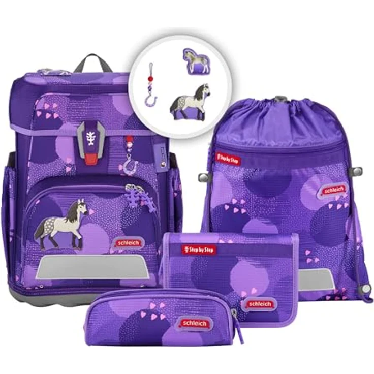 Step by Step Schulranzen-Set Cloud Schleich, Horse Club®, Andalusier, 5-teilig, lila, ergonomischer Tornister mit Reflektoren, höhenverstellbar mit Hüftgurt, ab 1. bis 4. Klasse, 19l – Bild 1