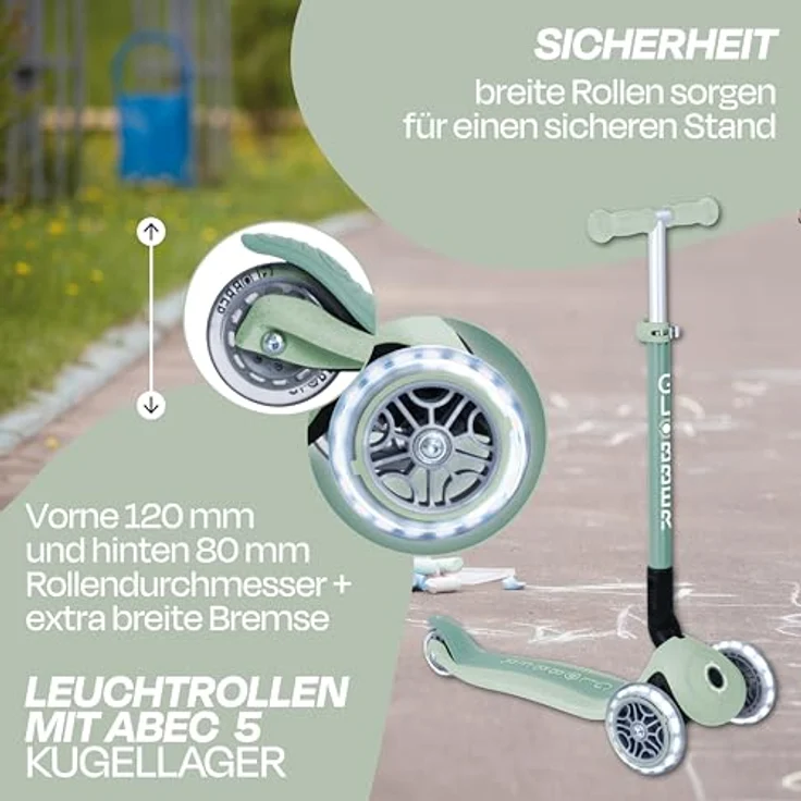 Globber PRIMO FOLDABLE LIGHTS ECO, Kinder-Scooter mit Leuchtrollen, klappbar, 3-fach höhenverstellbar, pistazie – Bild 3