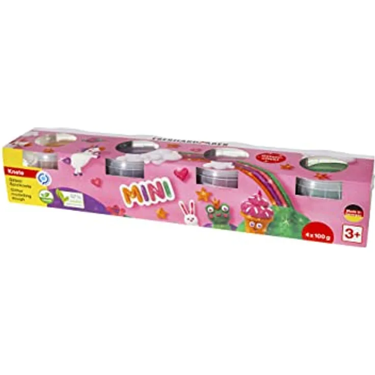Eberhard Faber 572511 Spielknete Glitzer, 4er Set, im wiederverschließbaren Kunststoffbecher, Farben: orange, lila, rosa, grün, 4 x ca. 100 g lustiger Knetspaß für Kinder ab 3 Jahre