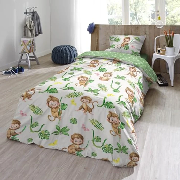 ESPiCO Bettwäsche Trendy Bedding Kletteraffe Grün Äffchen Schmetterlinge Farne Blätter Palmen Wendeoptik Renforcé, 135 cm x 200 cm – Bild 5