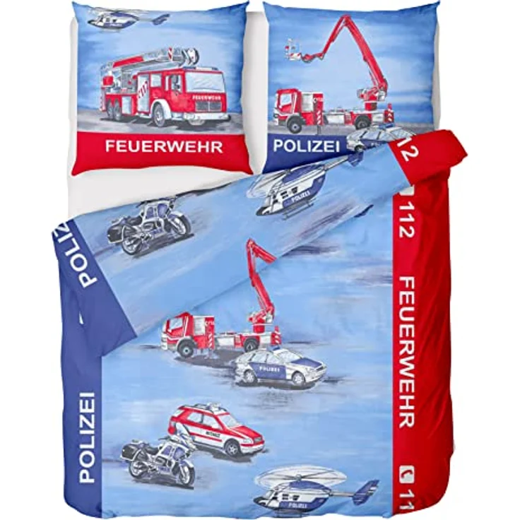 LINKHOFF Kinderbettwäsche Set 135x200 für Jungen - Polizei & Feuerwehr Bettwäsche Kinder - Renforce Baumwolle - Kissen 80x80 + Bettbezug 135x200 – Bild 1