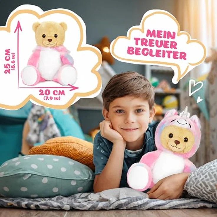 BRUBIES Teddy Einhorn - 25 cm Kuscheltier im Einhornkostüm mit abnehmbarer Kapuze - Weiches Plüschtier für kuschelige Abenteuer – Bild 4