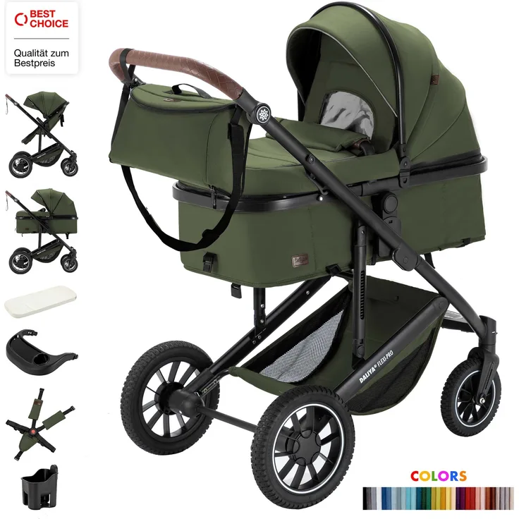 Daliya FLEXI-PRO 2in1 Kombikinderwagen & Buggy, leichter Reisekinderwagen mit großem Einkaufskorb, umstellbar zum Sportwagen, olivgrün
