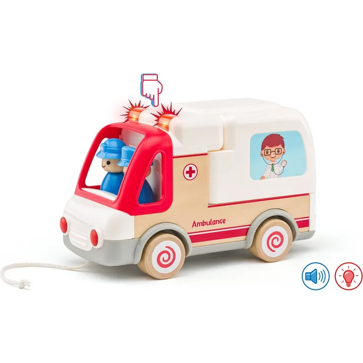 Woodyland 92053 Lernspielzeug Krankenwagen mit Licht, Sound, Musik, klappbaren Türen und Dach, 8-teilig