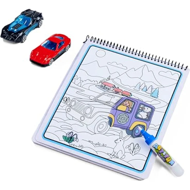 SIMBA Kreativset Art & Fun XL Water Pen Cars Malbuch, Wassermalbuch mit 4 Fahrzeug-Seiten, inkl. 2 Autos, ab 3 Jahren – Bild 1