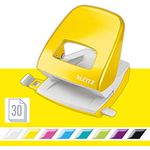 Leitz Büro Locher aus Metall, Für 30 Blatt, Anschlagschiene mit Formatvorgaben, Ergonomisches Design, gelb, WOW-Serie, 50081016