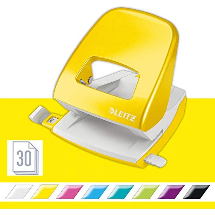 Leitz Büro Locher aus Metall, Für 30 Blatt, Anschlagschiene mit Formatvorgaben, Ergonomisches Design, gelb, WOW-Serie, 50081016 – Bild 1