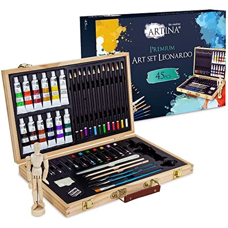 Artina Kreativset Leonardo, 45tlg. Malset mit 12 Acrylfarben, 12 Buntstiften und Gliederpuppe im Holzbox