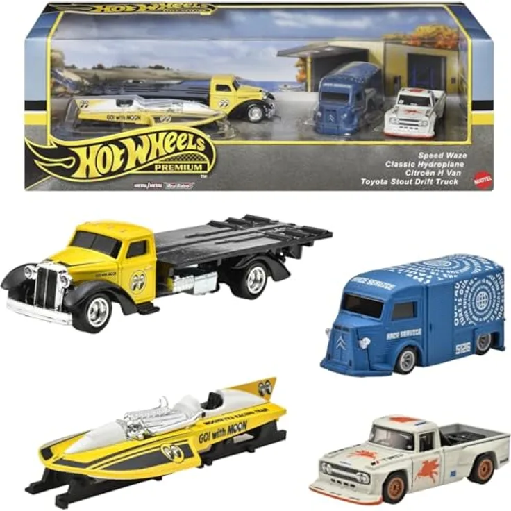 Mattel Hot Wheels Premium Collector Set, 4 Die-Cast Fahrzeuge, Speed Waze, Classic Hydroplane, Citroen H Van, Toyota Stout Drift Truck, detailreiche Designs in Fensterbox