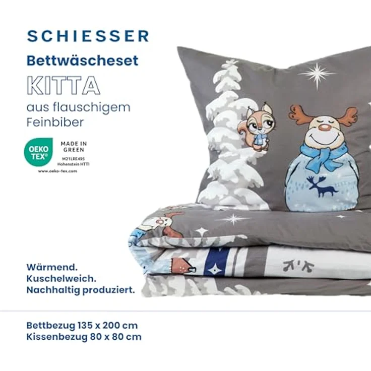 Schiesser Feinbiber Bettwäsche Set Kitta mit coolem Winter-Print, Farbe:Grau und Hellblau, Größe:135 cm x 200 cm – Bild 2