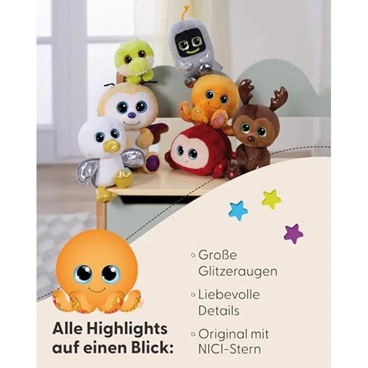 Nici Glubschis Oktopus Olly Polly, 15 cm schlenkerndes Kuscheltier in Orange mit glitzernden blauen Augen – Bild 5