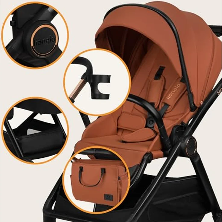 Lionelo LO-Layla 3in1 Kinderwagenset, Kombikinderwagen in Cognac, 3-teilig mit Babywanne, Babyschale und Sportwagenaufsatz, EN 1888, All-Terrain-Räder – Bild 8