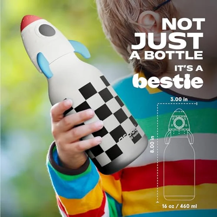 ASOBU Bestie Kindertrinkflasche, isolierte Edelstahlflasche mit Strohhalm, 420ml, Raketen-Kopf, auslaufsicher, BPA-frei – Bild 5
