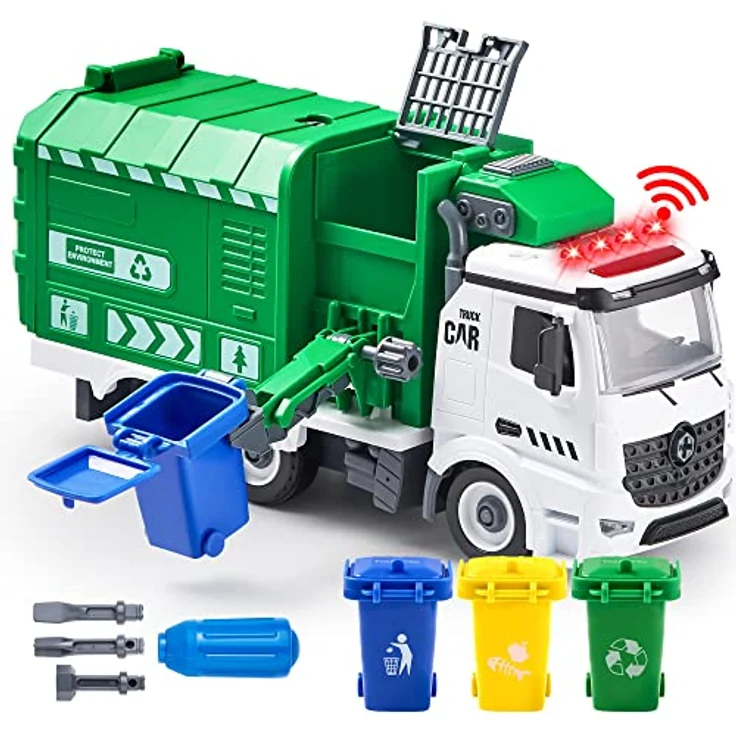 JOYIN Jumbo Müllauto Spielzeug, Müllwagen für Kinder ab 3 Jahren mit Licht und Sounds, 3 Mülleimer und Schraubendreher für DIY Montage, 12,5 Zoll lang – Bild 1