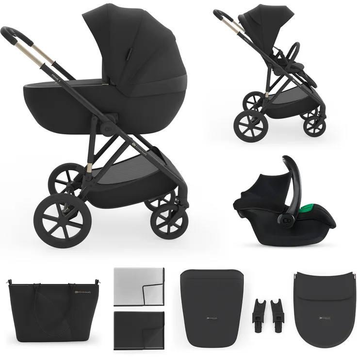 Kinderkraft PRIME 3 3-in-1 Kombikinderwagen mit Babyschale MINK PRO 2, leicht faltbar, große Räder, schwarze Farbgebung, einstellbare Rückenlehne, Travel System