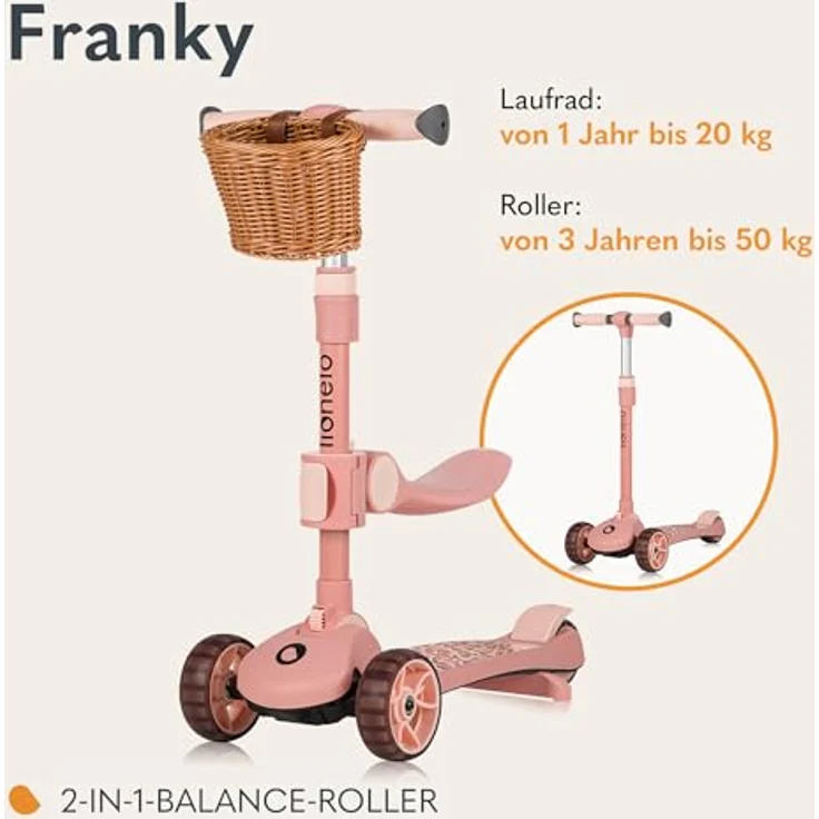Lionelo Franky 2-in-1 Kinder-Balance-Roller, höhenverstellbar, LED-Räder, rutschfestes Trittbrett, Korb – Bild 2