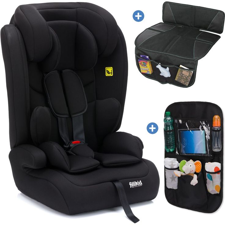 Fillikid Kindersitz Oli i-Size, mitwachsende Autositzlösung 9 Monate - 12 Jahre (76 cm - 150 cm) inkl. Schutzunterlage & Organizer - Schwarz