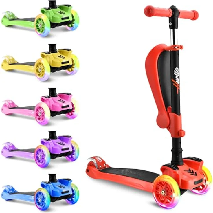 Hurtle ScootKid 3-Rad-Roller mit verstellbarem Lenker, rutschfester Plattform und blinkenden LED-Rädern für Kinder von 2-12 Jahren, abnehmbarer Klappsitz – Bild 2