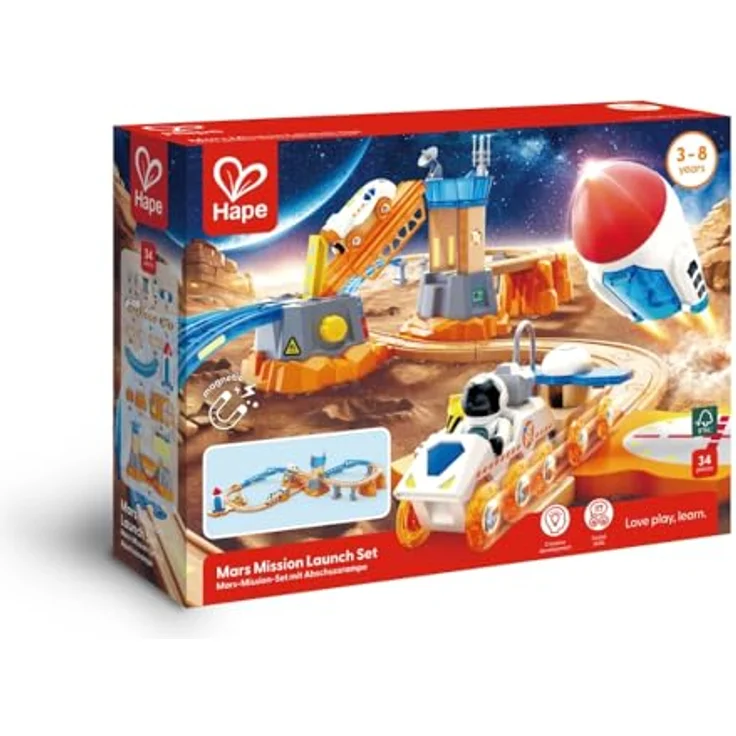 Hape Mars Launch Rail Set, Holzeisenbahn mit Raumschiff und Bahnhof für kreativen Spielspaß – Bild 8