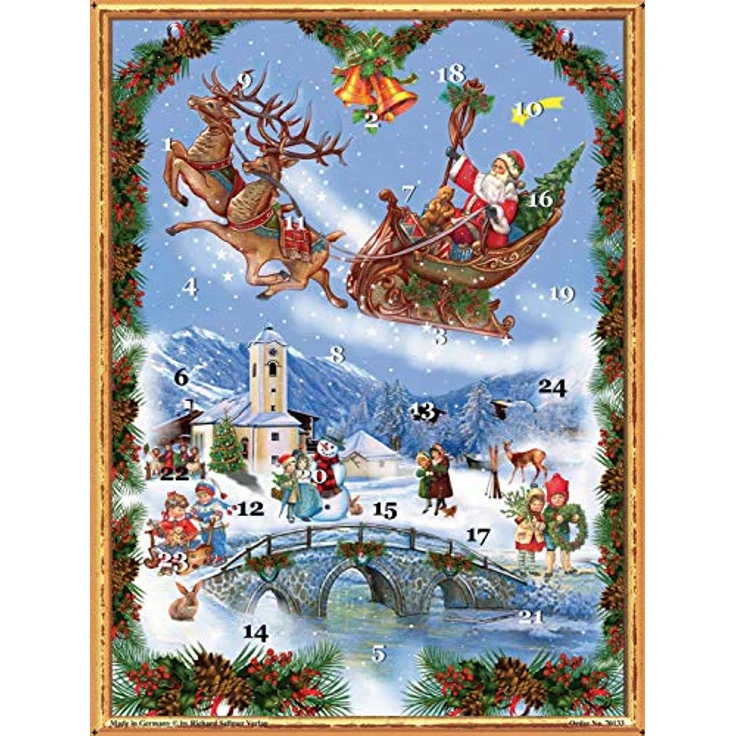 Nostalgischer Adventskalender/Weihnachtskalender für Kinder und Erwachsene mit Bildern und Glitzer "Weihnachtsmann im Schlitten" – Bild 1