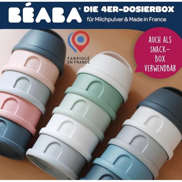 Beaba Babynahrungsbehälter Milchpulver Dose 4-teilig, grau/pink, stapelbar, mit hermetischen Verschlüssen und breiten Öffnungen – Bild 2