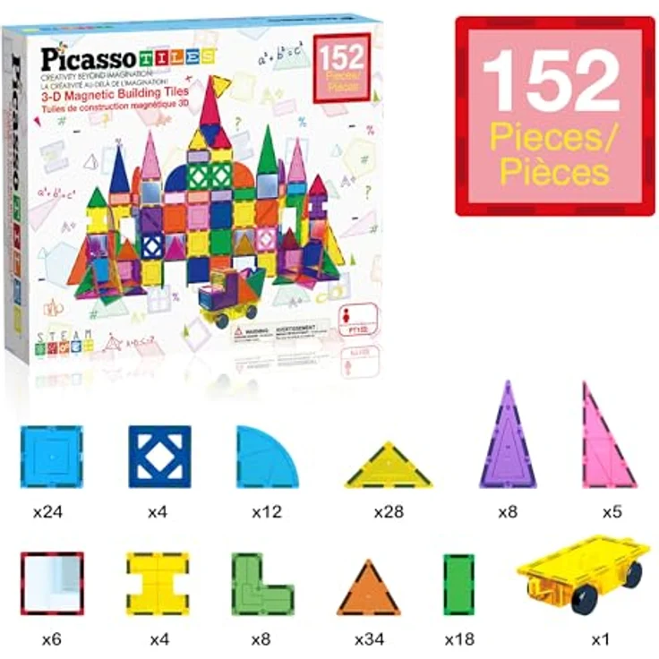 PicassoTiles PT152, 152-teiliges Magnetfliesen-Spiegelthema-Bausteinset, sensorisches Konstruktionsspielzeug mit Auto für STEM-Lernspielset – Bild 3