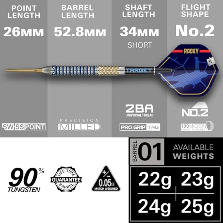 Target Darts Josh Rock Gen 1, 90% Tungsten Steel Tip Darts, 24G, mit Swiss Storm Nano Spitzen und Pro Grip Schäften – Bild 3