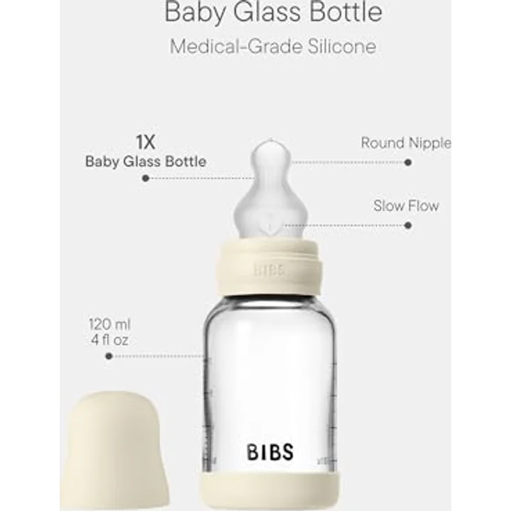 BIBS Baby Glasflasche 120ml, Vermindert Koliken, Runder Silikon-Sauger, BPA-frei, Hergestellt in Dänemark, Ivory – Bild 2