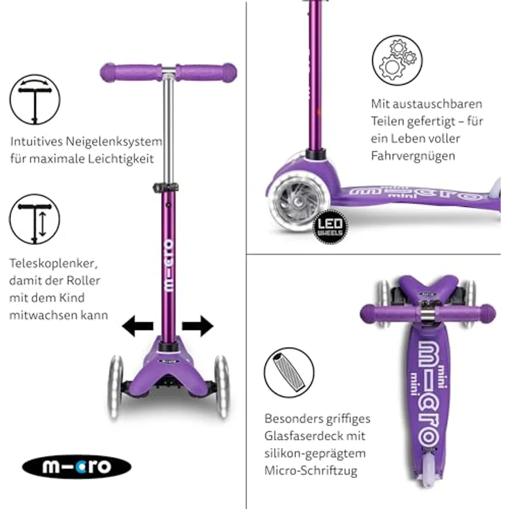 Micro Miniscooter mini micro deluxe LED, höhenverstellbare Lenkstange, Anti-Rutschbelag, eloxierter Lenker, LED-Rollen für Kids ab 2 Jahren – Bild 3