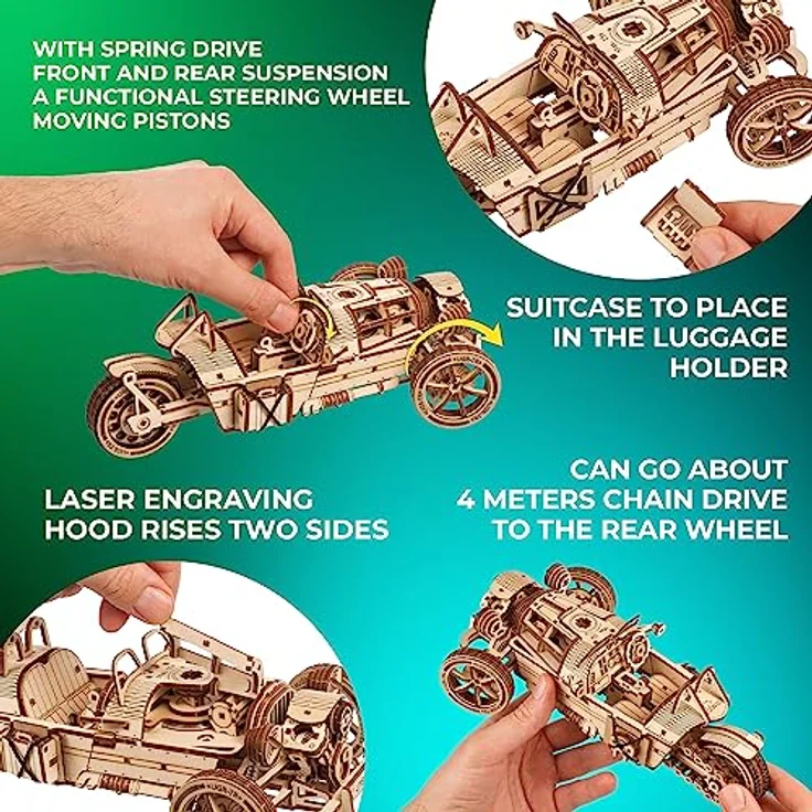 UGEARS Dreiradfahrzeug UGR-S - 3D Holzpuzzle Motorrad - Auto 3D Puzzle Modellbausatz für Erwachsene - 3D Motorrad Holzpuzzle - Magicholz Motorrad Modell mit funktionsfähiger Lenkung und Federmotor – Bild 2