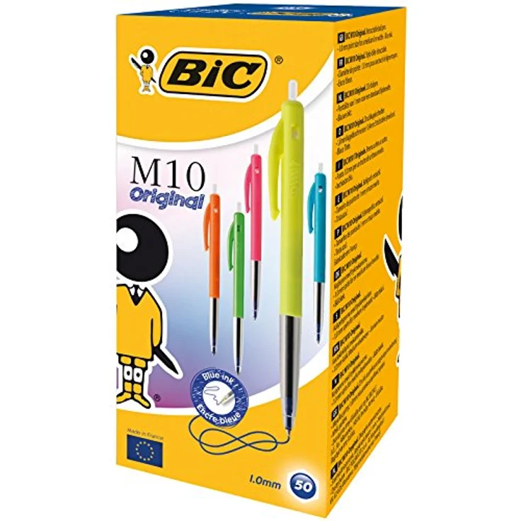 Bic M10 Clic Kugelschreiber, farbige assortierte Schachtel mit 50 Stück, blaue Schreibfarbe, 1,0 mm Spitzenstärke, lange Schreiblänge – Bild 1