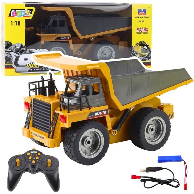 Wisam Huina RC Muldenkipper 1:18, ferngesteuertes Baufahrzeug mit 9-Kanal-Steuerung und 2,4 GHz, gelb