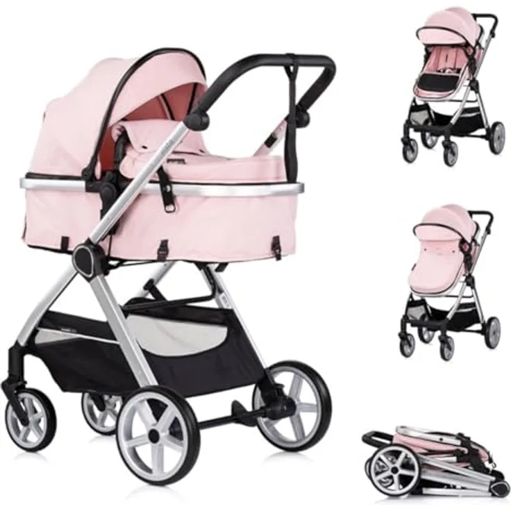 Chipolino Kombikinderwagen 2 in 1 Vista, mit Wickeltasche, Fußabdeckung, verstellbarem Sonnendach und 5-Punkt-Gurt, Farben: rosa