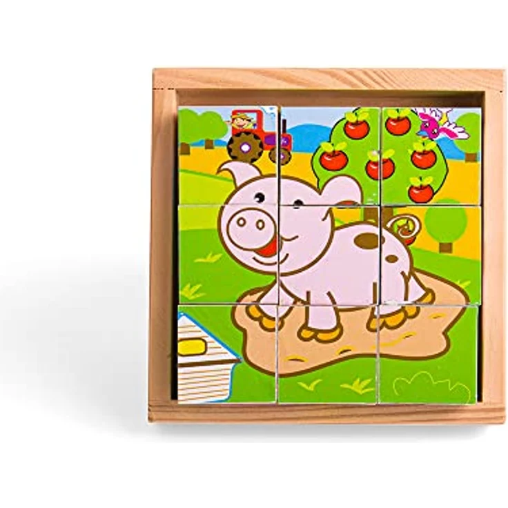 Bigjigs Farm Animals Block Puzzle, Holzpuzzle mit 6 verschiedenen Bauernhoftieren, inklusive stabiler Holzkiste – Bild 2