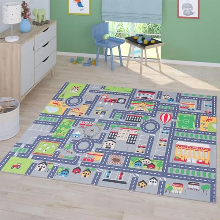TT Home Kinderzimmerteppich, rutschfester Teppich mit Straßenmotiv, grau 3, 200x290 cm, 100% Polyester, maschinell gewebt, Fußbodenheizung geeignet bis 24 Grad – Bild 1