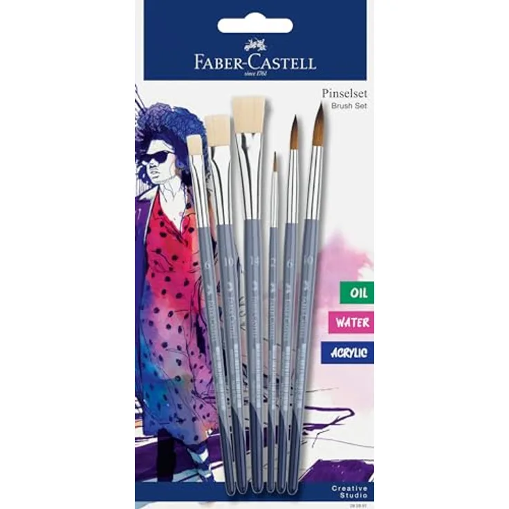 FABER-CASTELL 282891 Pinselset 6-teilig, Rund- und Flachpinsel für Acryl-, Aquarell- und Ölmalerei, Synthetikhaare