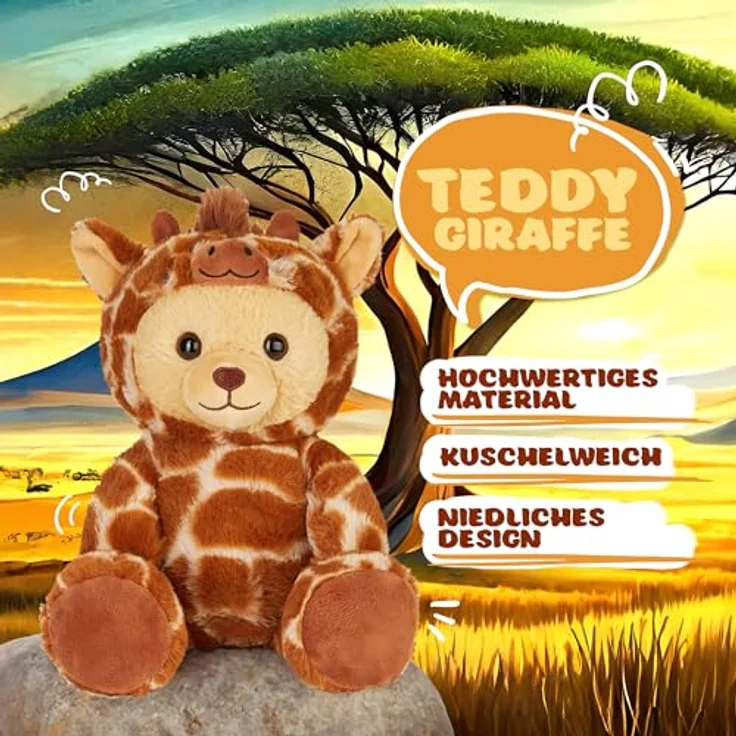 BRUBIES Teddy Giraffe, 25 cm Teddybär im Giraffenkostüm mit abnehmbarer Kapuze, plüschiges Kuscheltier für Kinder, ideal als Geschenk – Bild 2