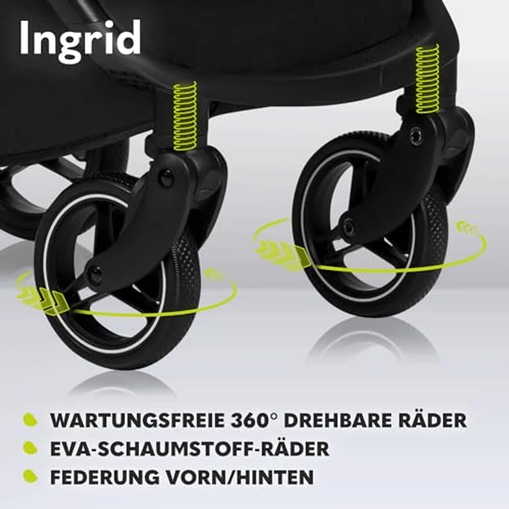 Lionelo INGRID Kinderwagen, 360° schwenkbare Räder, volle Federung, einhändig zusammenklappbar, verstellbare Rückenlehne und Fußstütze, XXL-Verdeck, bis 22 kg – Bild 4
