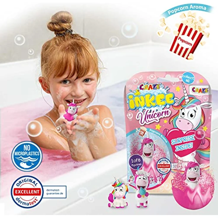 Craze INKEE Unicorn | Badebombe Kinder mit Überraschung, Badekugel 100g mit Einhornfiguren, Pop-Corn Duft - Preisvergleich – Bild 4