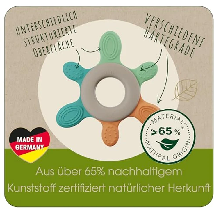NIP Play Green Baby Beißring, mit Kühlung, mehrfarbiges Spielzeug und Zahnungshilfe, verschiedene Härtegrade, BPA-frei, nachhaltig, ab 3 Monaten – Bild 5