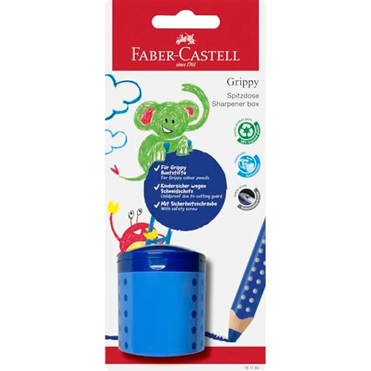Eberhard Faber Radiergummi Spitzerdose Grippy, kindersicherer Anspitzer mit Click-Mechanismus, blau – Bild 2