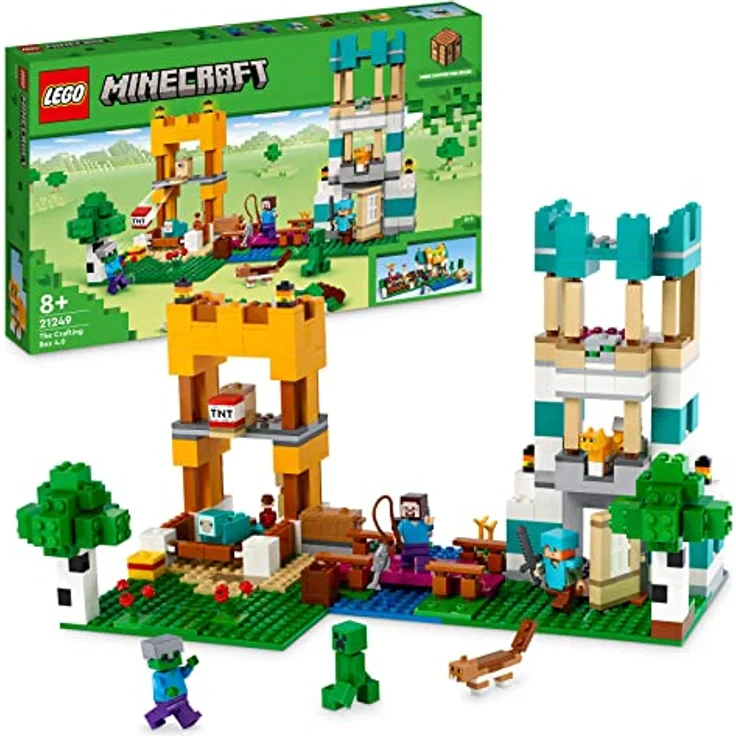 LEGO 21249 Minecraft Die Crafting Box 4.0, 2in1-Set zum Bauen, Türme am Fluss oder Katzenhütte, mit den Figuren Alex, Steve, Creeper und Zombie-Mobs, Actionspielzeug für Kinder, Jungen und Mädchen – Bild 1
